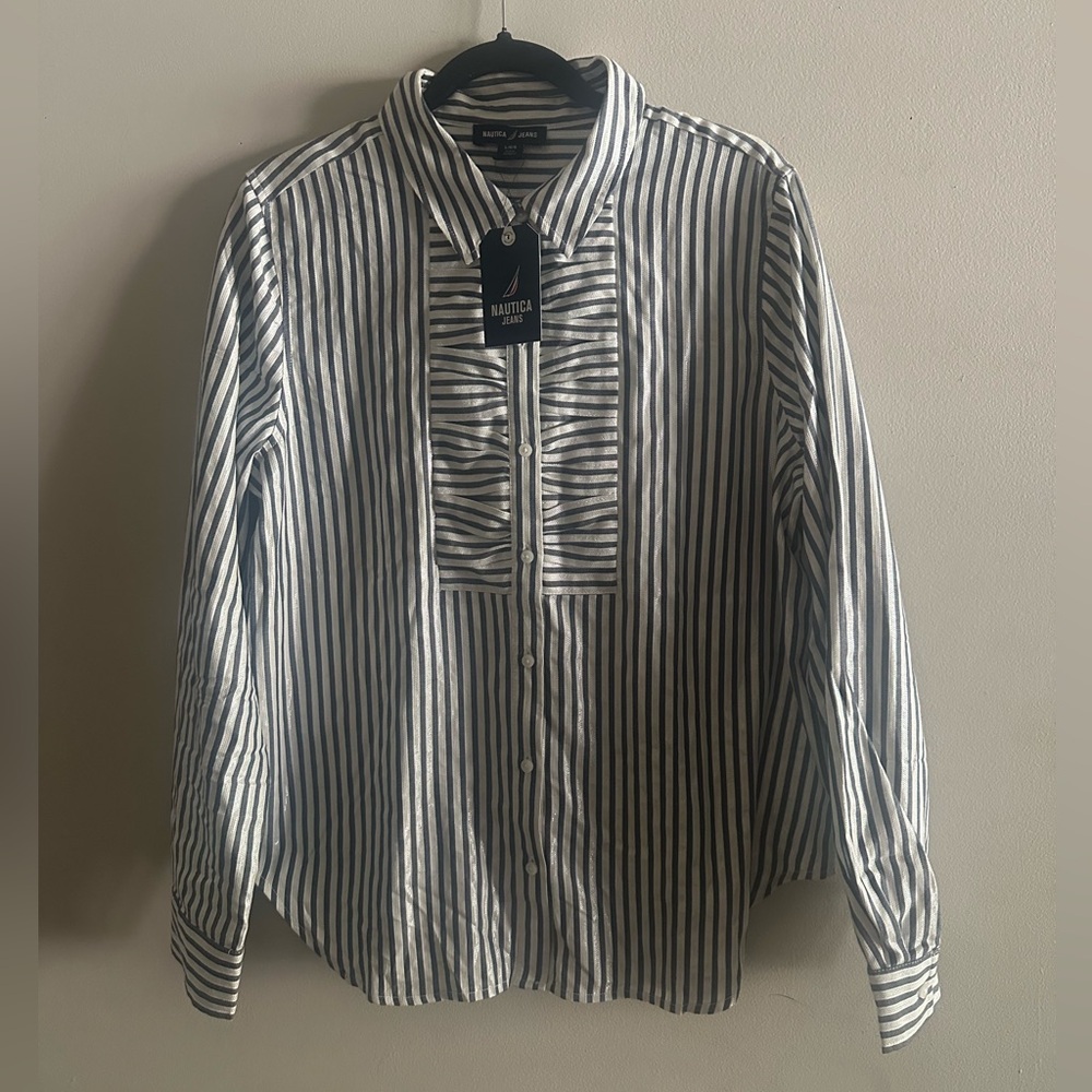 Nautica Blue and White Vertical Stripe Button-Front Shirt